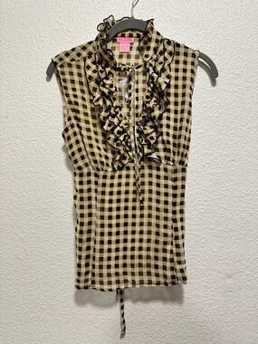 She's Cool Yellow and Black Gingham Ruffle Tie-Neck Camisole NWT
